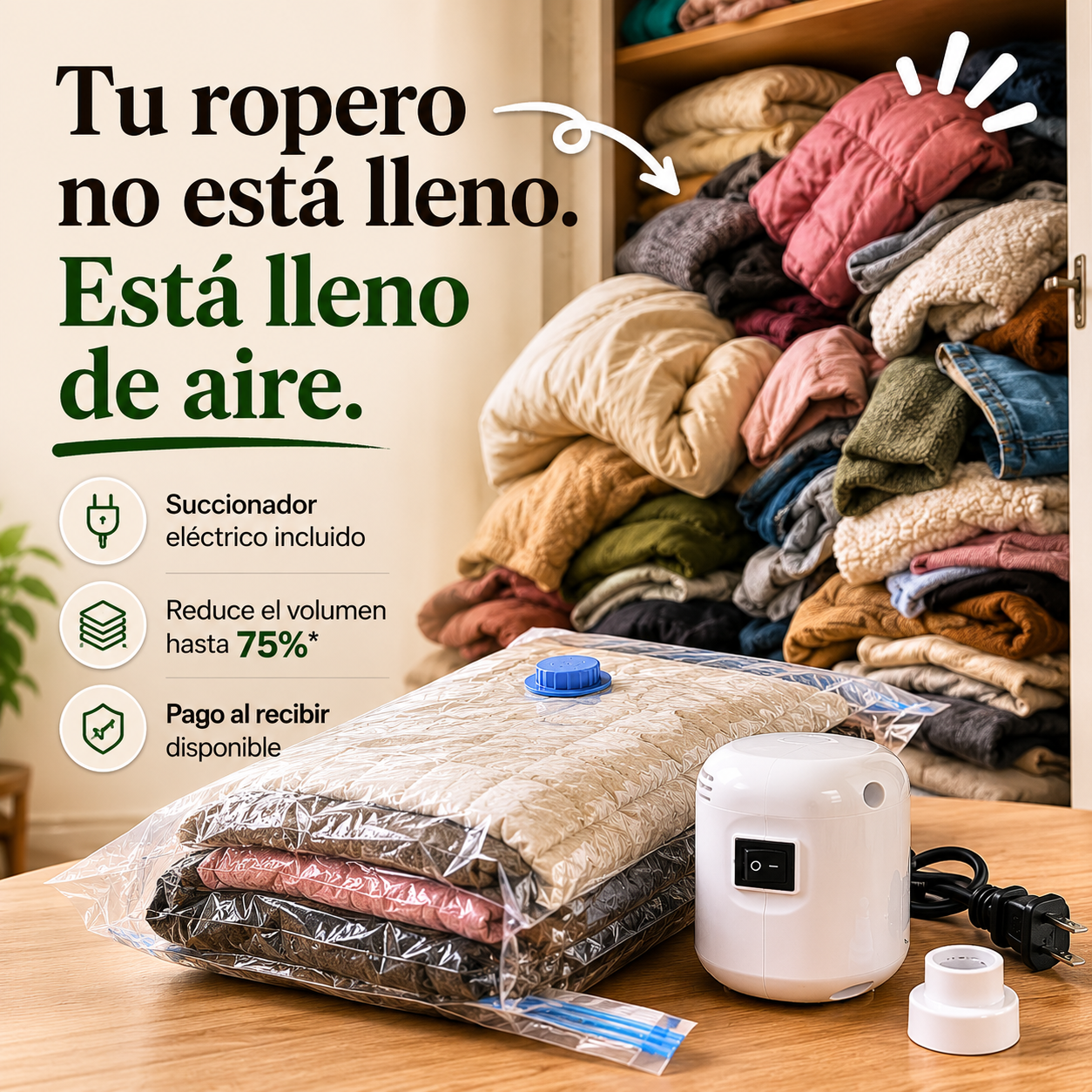 Pack Ahorra Espacio con Succionador Eléctrico + 5 Bolsas al Vacío