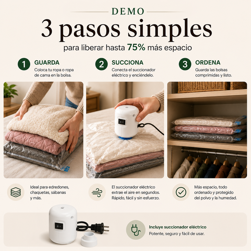Pack Ahorra Espacio con Succionador Eléctrico + 5 Bolsas al Vacío