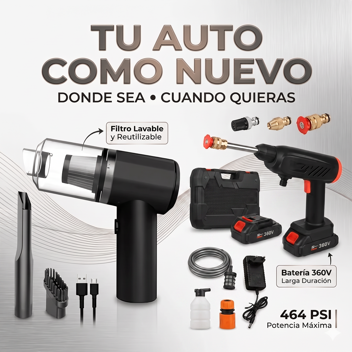 Hidrolavadora + Aspiradora 3 en 1 Portátiles