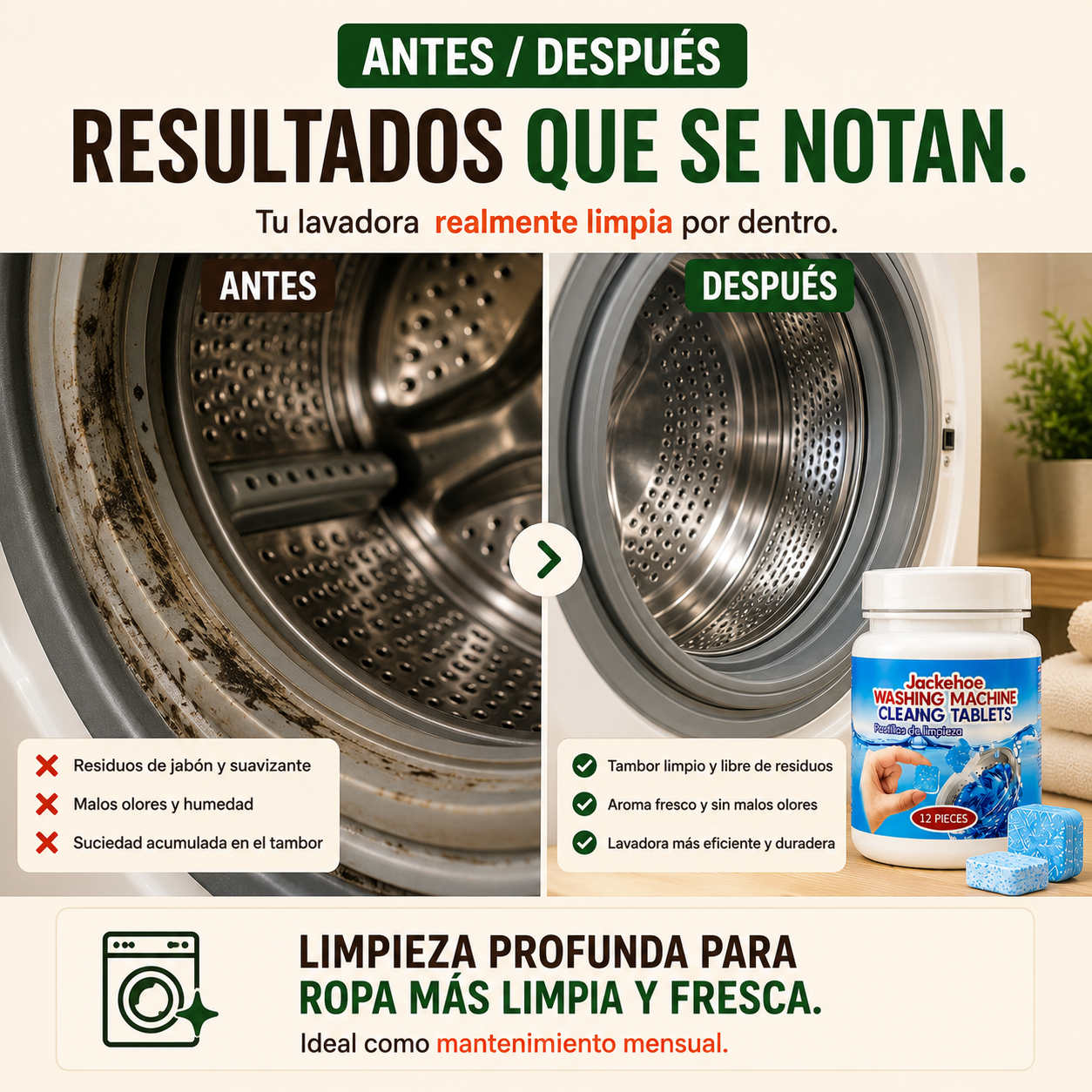 Pastillas Limpia Lavadora – Tambor y Malos Olores